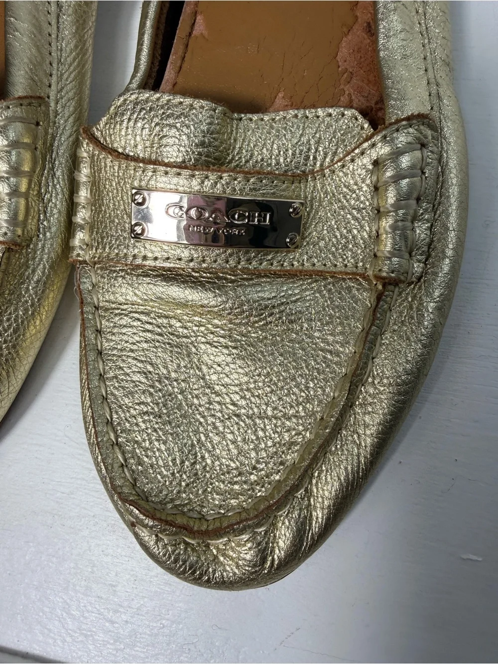 Coach Metallic Gold Leather Penny Loafers - Women
